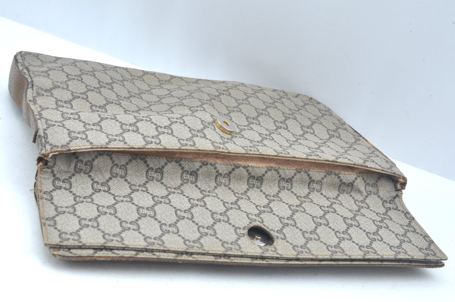 Authentic GUCCI GG Plus Clutch Hand Bag Purse GG PVC Leather Brown Junk 0679J