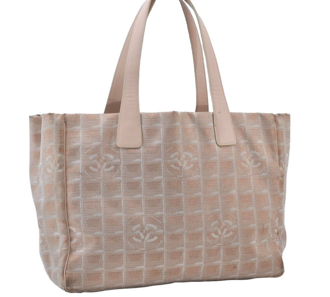 Authentic CHANEL New Travel Line Shoulder Tote Bag Nylon Leather Beige 0689J