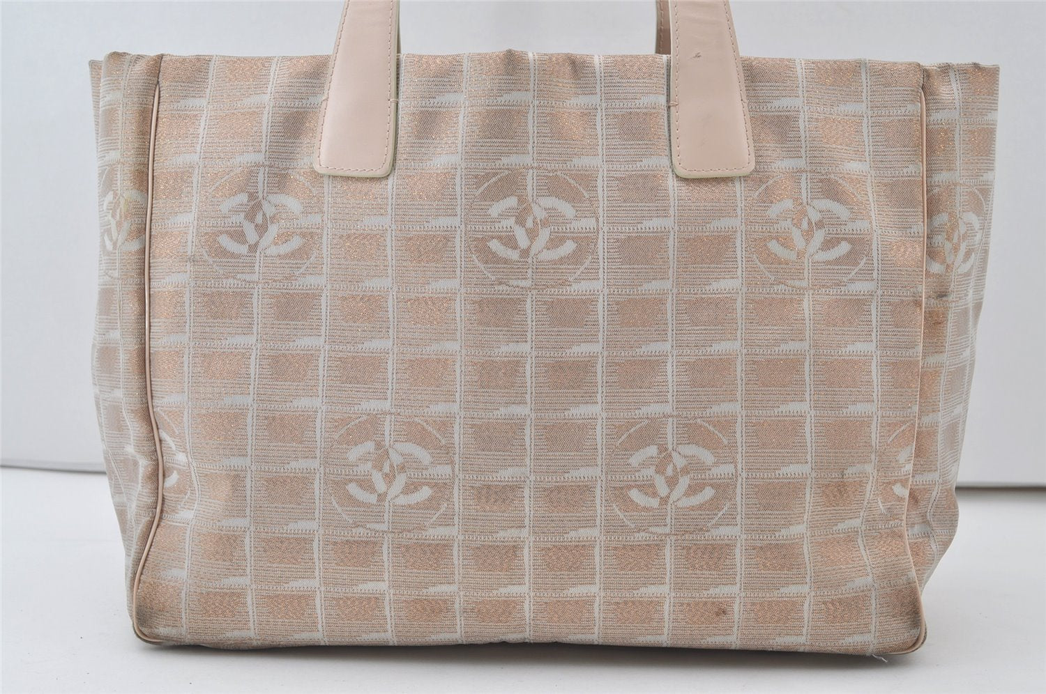 Authentic CHANEL New Travel Line Shoulder Tote Bag Nylon Leather Beige 0689J