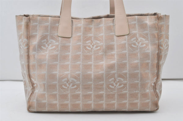 Authentic CHANEL New Travel Line Shoulder Tote Bag Nylon Leather Beige 0689J