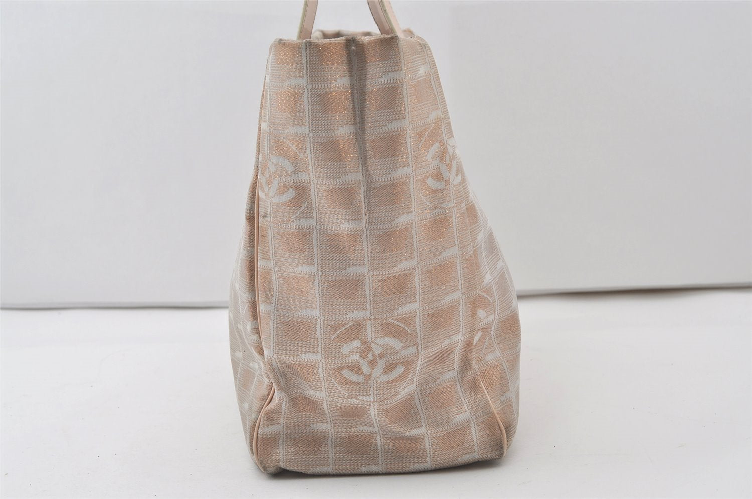 Authentic CHANEL New Travel Line Shoulder Tote Bag Nylon Leather Beige 0689J