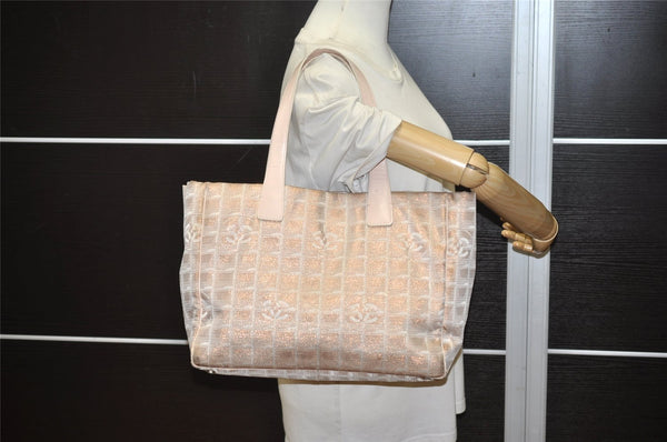 Authentic CHANEL New Travel Line Shoulder Tote Bag Nylon Leather Beige 0689J