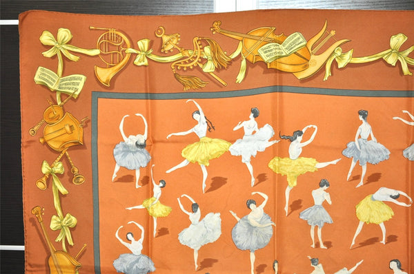 Authentic HERMES Carre 90 Scarf "La Danse" Silk Brown Box 0689K