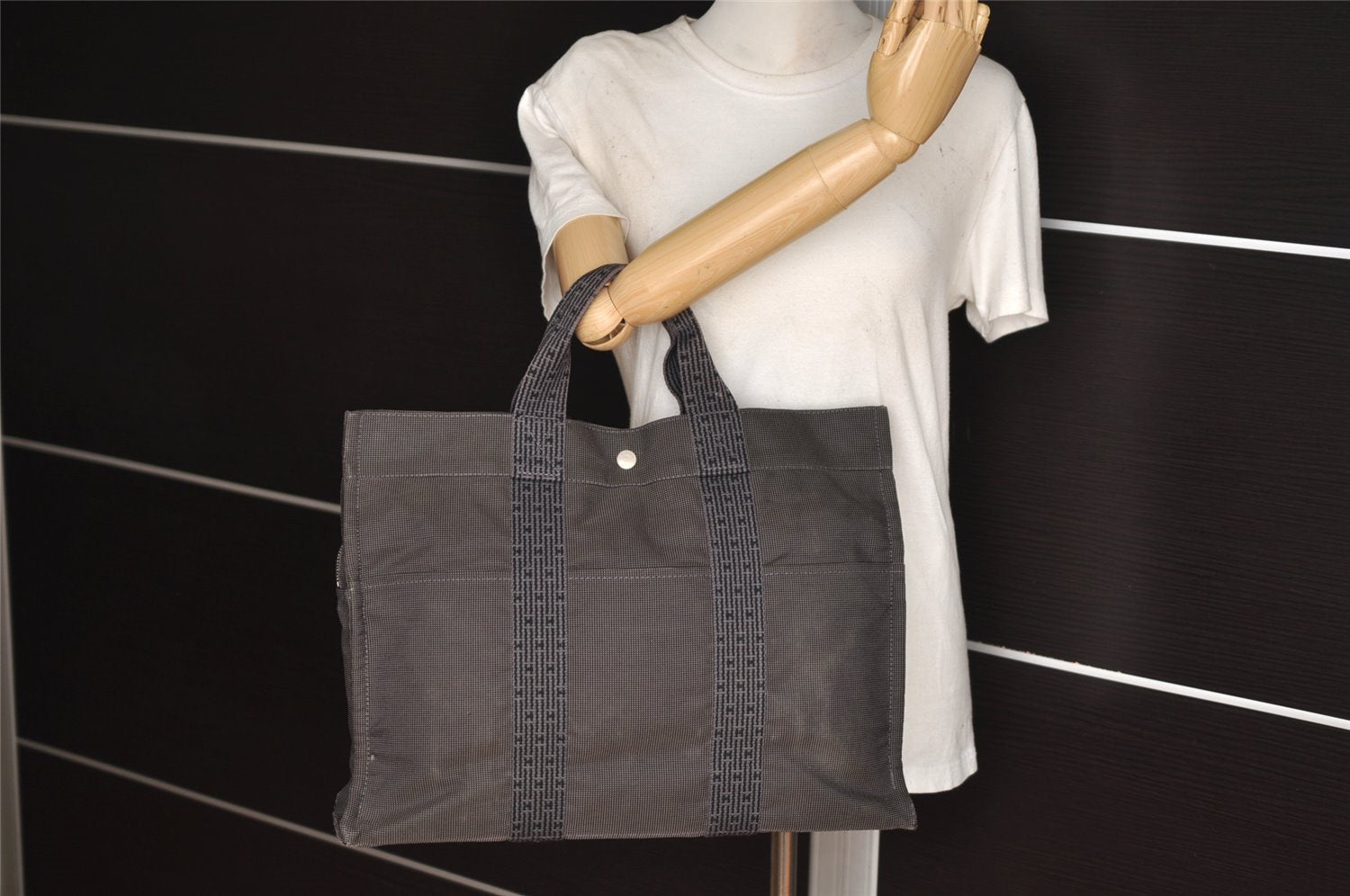 Authentic HERMES Her Line MM Hand Tote Bag Nylon Gray 0694J