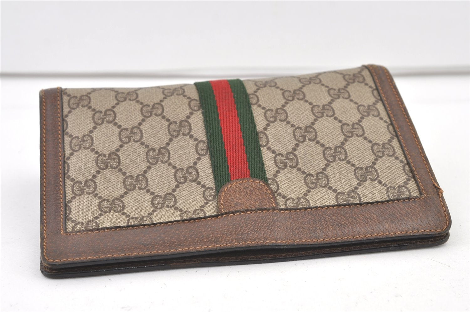 Authentic GUCCI Web Sherry Line Clutch Hand Bag Purse GG PVC Leather Brown 0694K