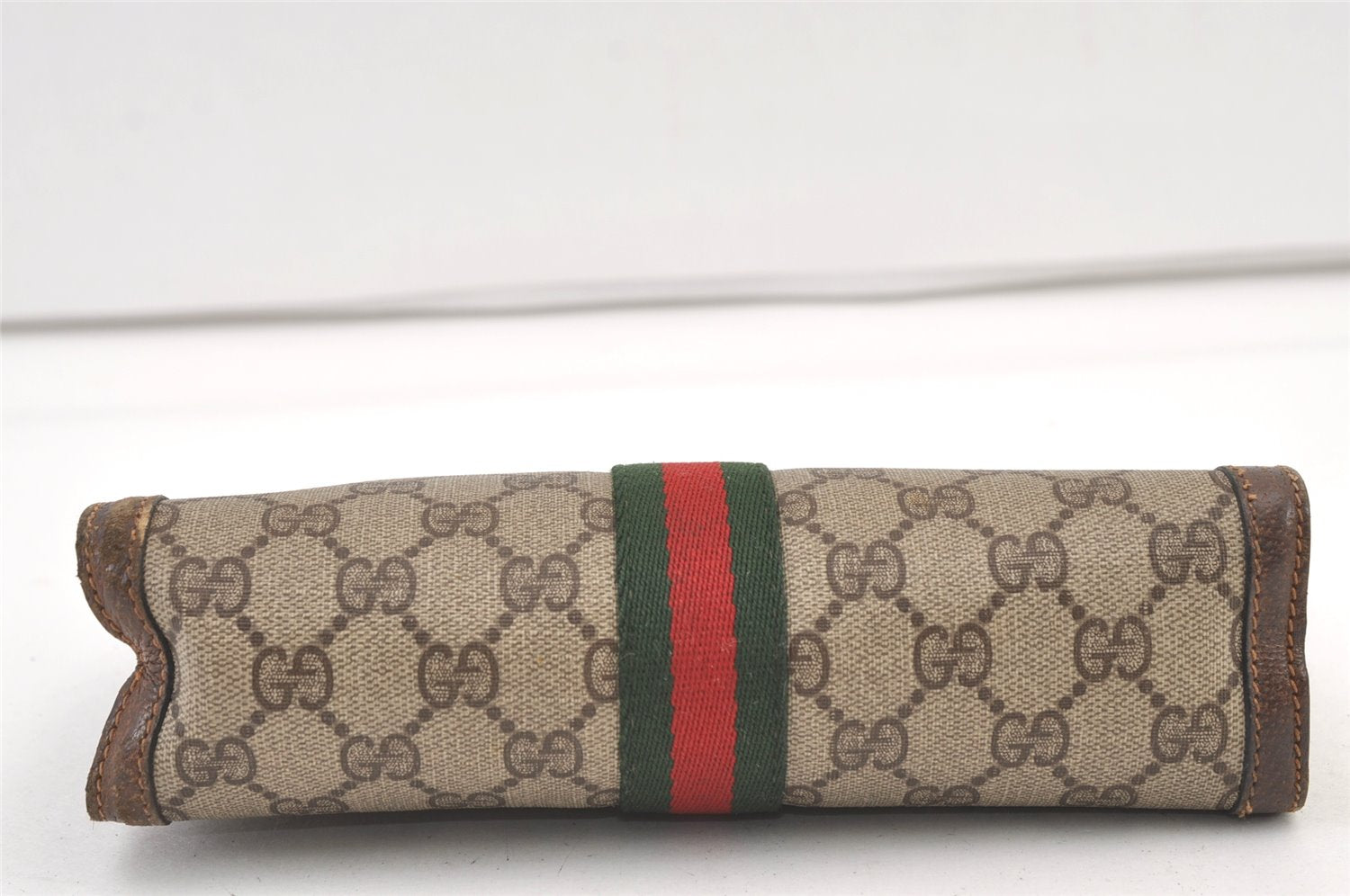 Authentic GUCCI Web Sherry Line Clutch Hand Bag Purse GG PVC Leather Brown 0694K