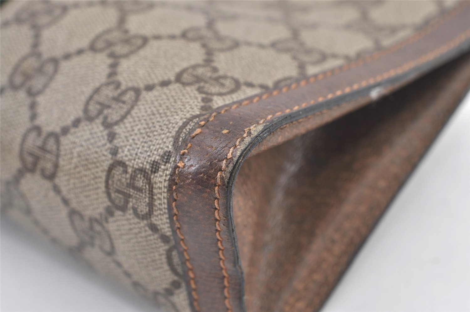 Authentic GUCCI Web Sherry Line Clutch Hand Bag Purse GG PVC Leather Brown 0694K