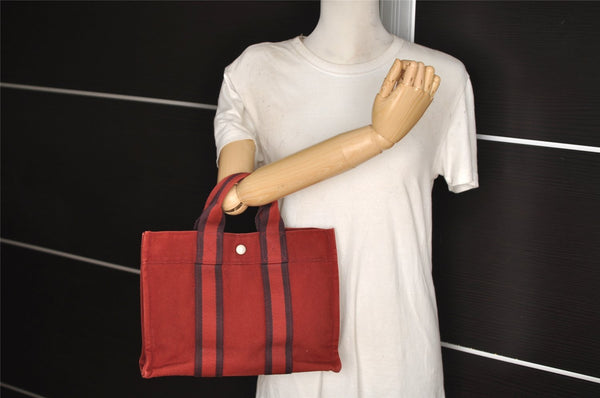 Authentic HERMES Fourre Tout PM Vintage Hand Tote Bag Canvas Red 0696J