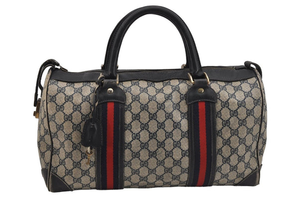 Authentic GUCCI Sherry Line Hand Boston Bag GG PVC Leather Navy Blue 0697J