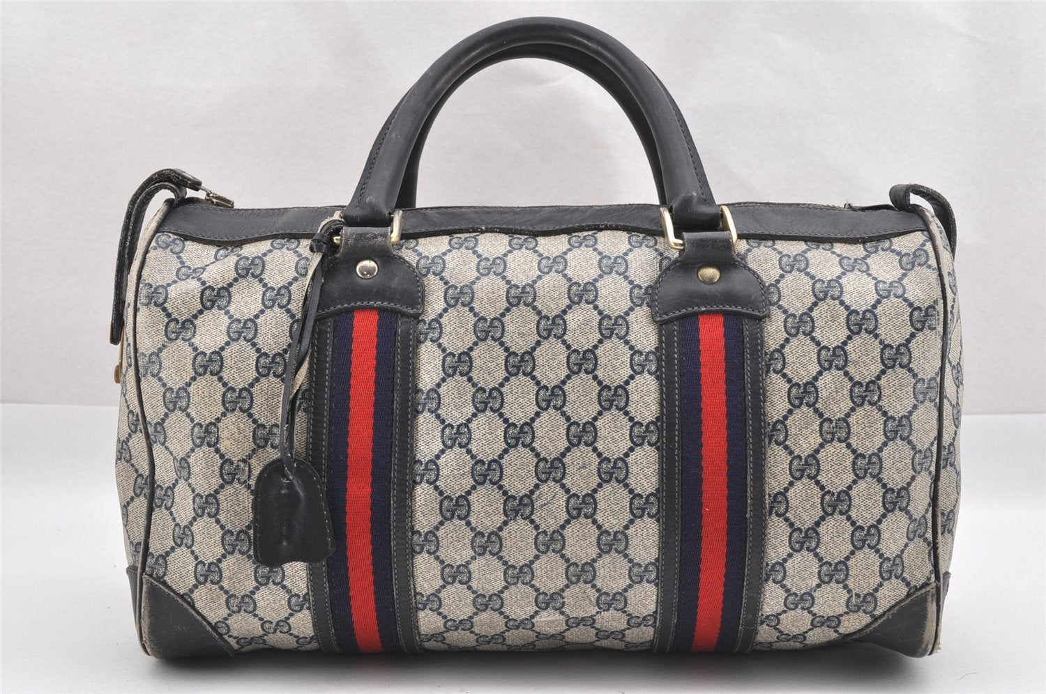 Authentic GUCCI Sherry Line Hand Boston Bag GG PVC Leather Navy Blue 0697J