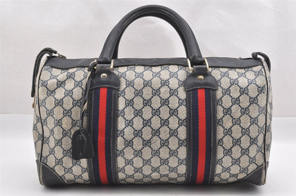 Authentic GUCCI Sherry Line Hand Boston Bag GG PVC Leather Navy Blue 0697J
