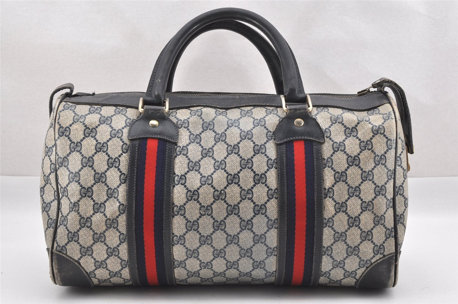 Authentic GUCCI Sherry Line Hand Boston Bag GG PVC Leather Navy Blue 0697J