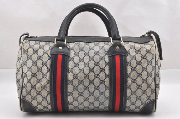 Authentic GUCCI Sherry Line Hand Boston Bag GG PVC Leather Navy Blue 0697J