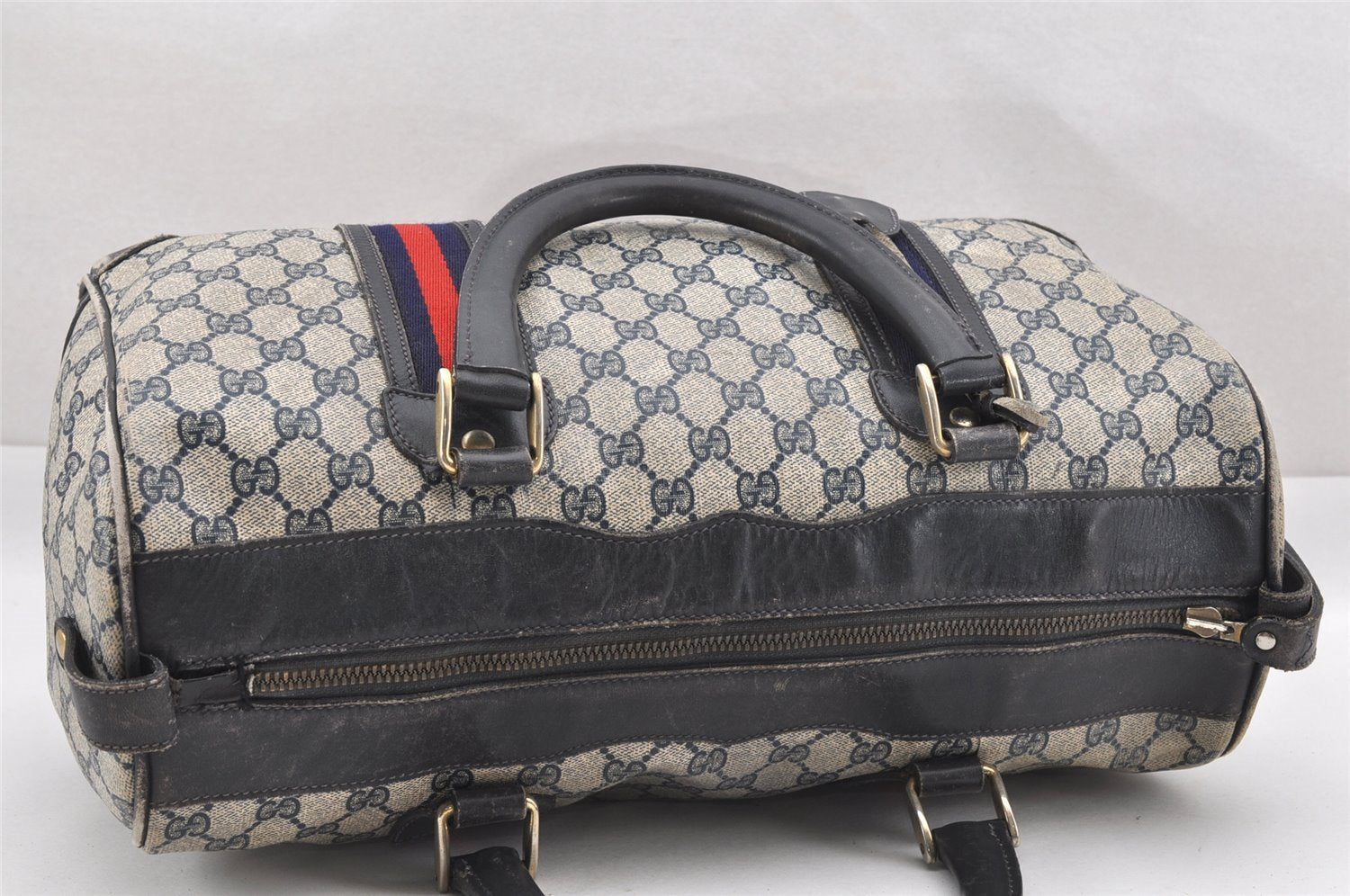 Authentic GUCCI Sherry Line Hand Boston Bag GG PVC Leather Navy Blue 0697J