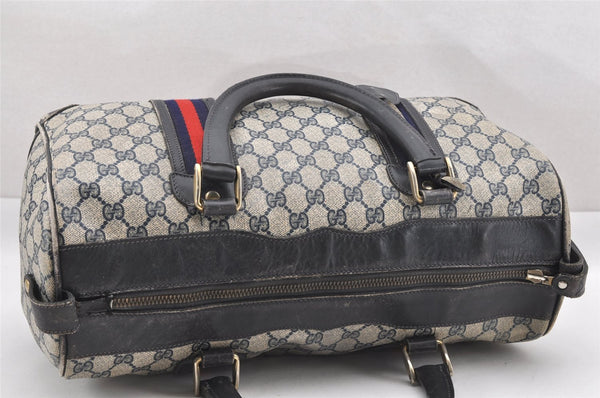 Authentic GUCCI Sherry Line Hand Boston Bag GG PVC Leather Navy Blue 0697J