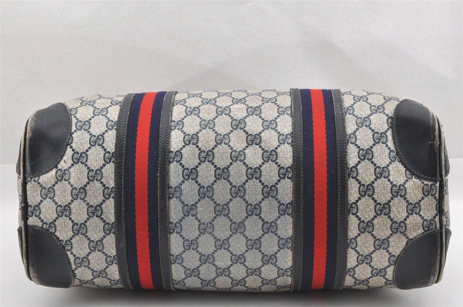 Authentic GUCCI Sherry Line Hand Boston Bag GG PVC Leather Navy Blue 0697J