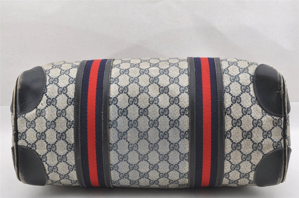 Authentic GUCCI Sherry Line Hand Boston Bag GG PVC Leather Navy Blue 0697J