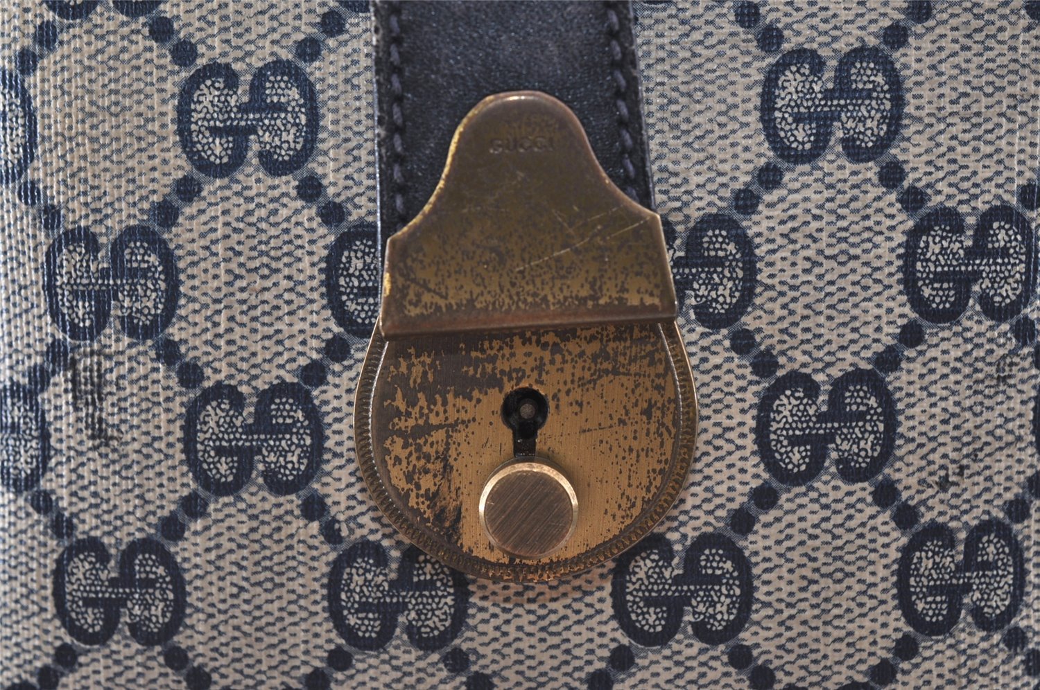 Authentic GUCCI Sherry Line Hand Boston Bag GG PVC Leather Navy Blue 0697J