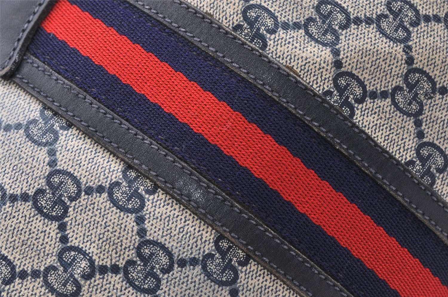 Authentic GUCCI Sherry Line Hand Boston Bag GG PVC Leather Navy Blue 0697J