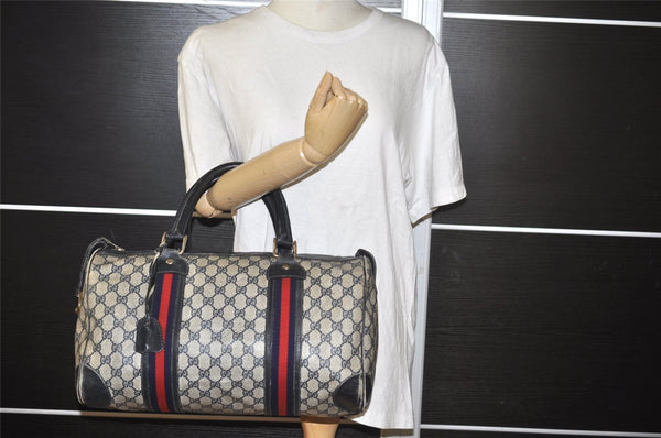 Authentic GUCCI Sherry Line Hand Boston Bag GG PVC Leather Navy Blue 0697J
