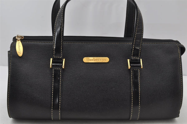 Authentic Burberrys Vintage Leather Hand Boston Bag Purse Black 0698J