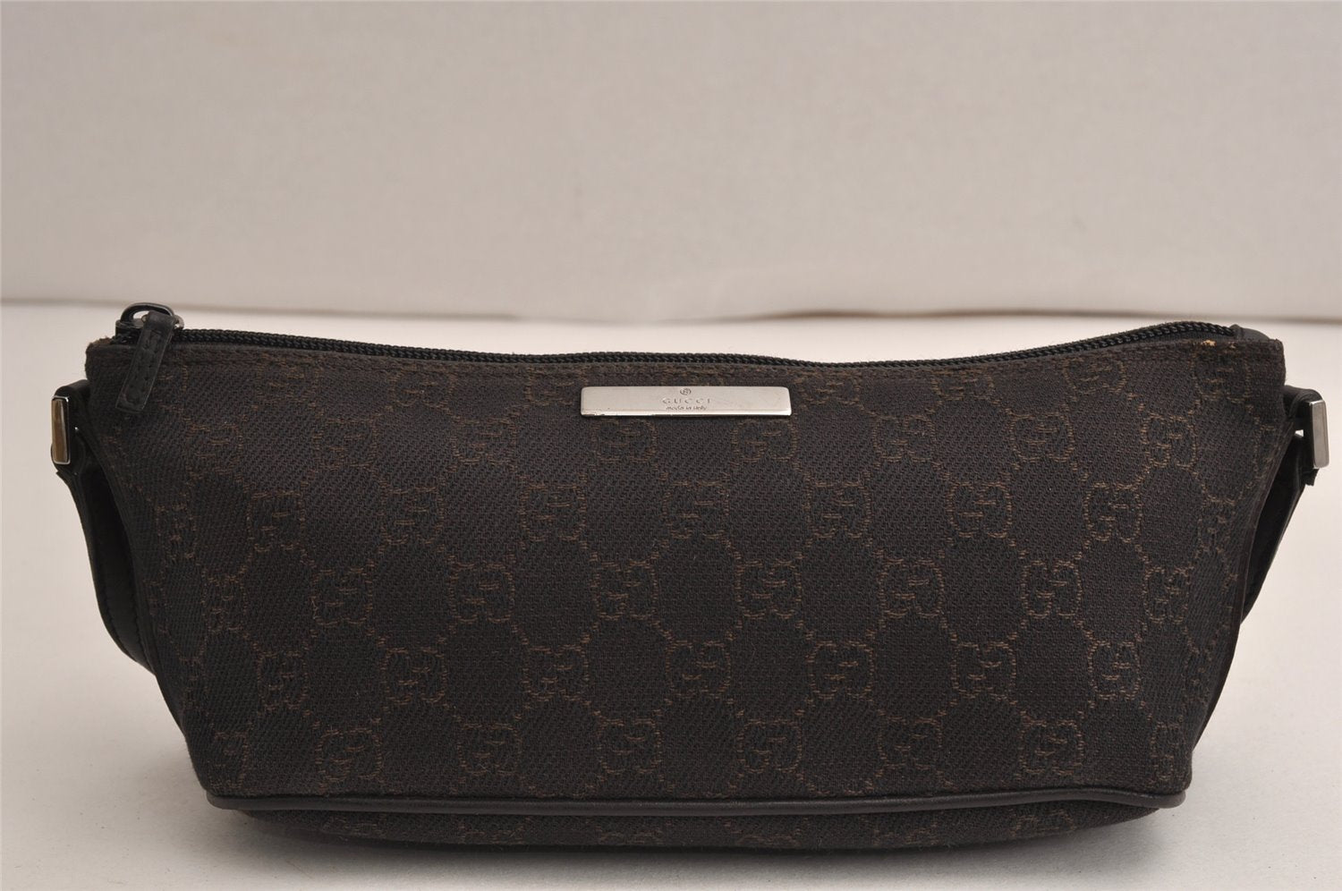 Authentic GUCCI Hand Bag Pouch Purse GG Canvas Leather 07198 Dark Brown 0708K