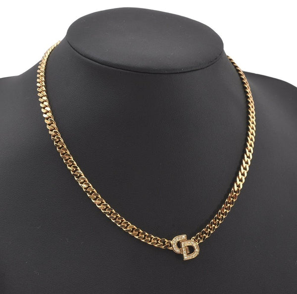 Authentic Christian Dior Gold Tone Rhinestone Chain Pendant Necklace CD 0709J