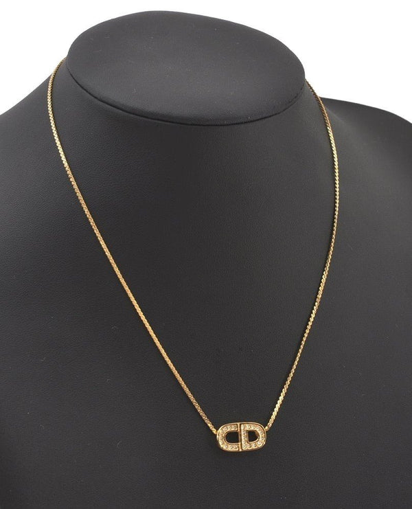 Authentic Christian Dior Gold Tone Rhinestone Chain Pendant Necklace CD 0710J