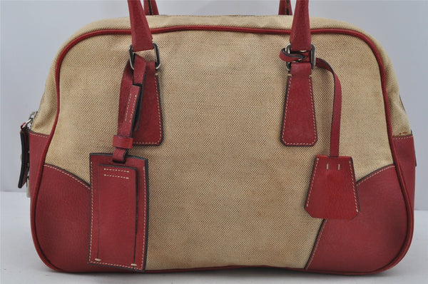 Authentic PRADA Vintage Canvas Leather Hand Boston Bag Beige 0712J