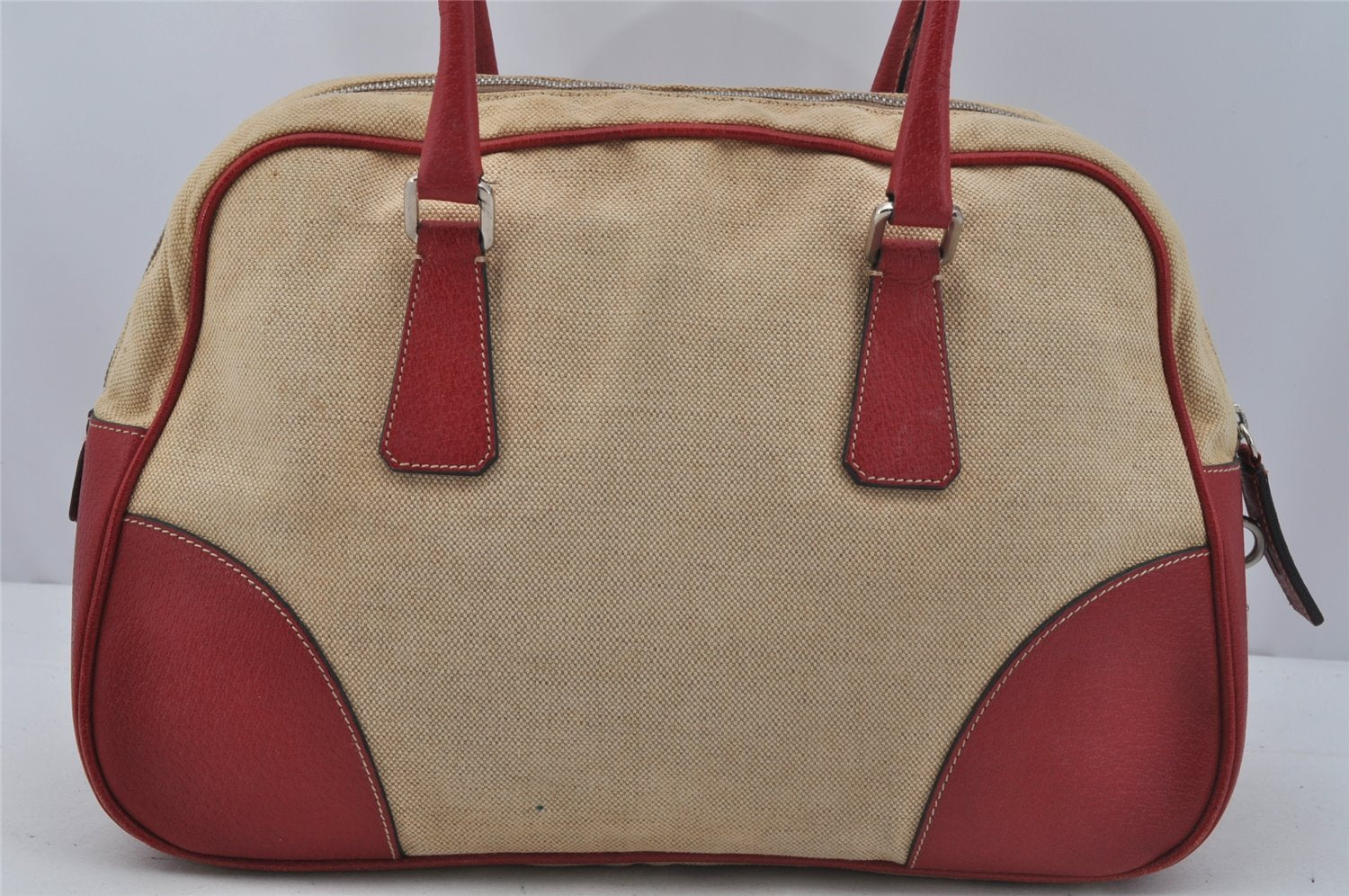 Authentic PRADA Vintage Canvas Leather Hand Boston Bag Beige 0712J