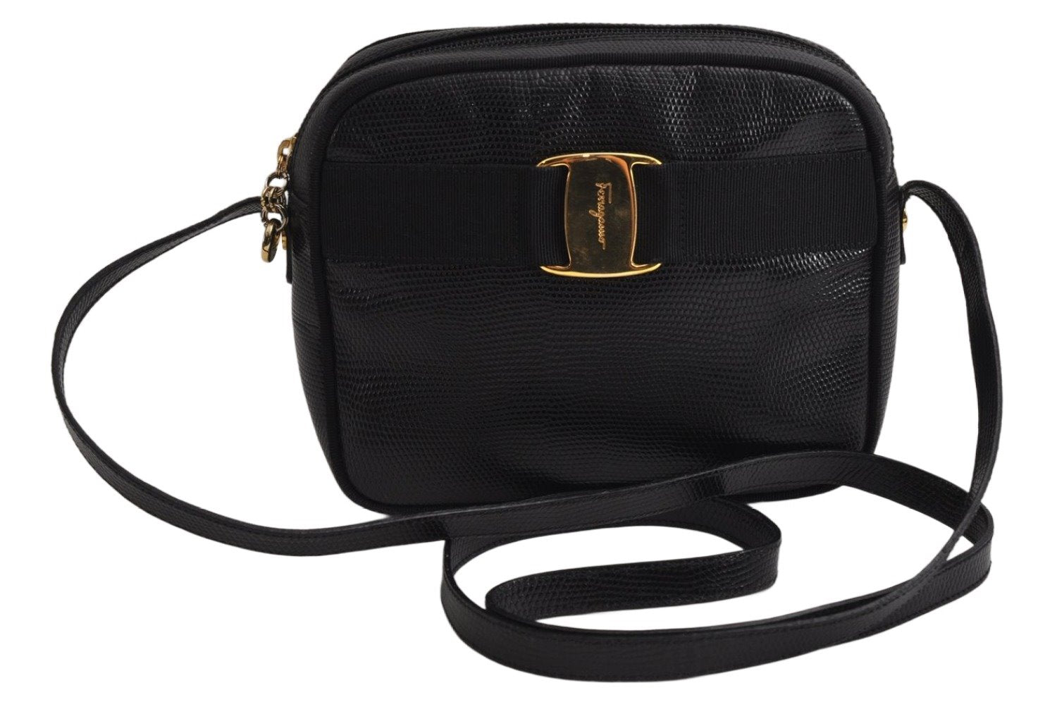 Authentic Salvatore Ferragamo Vara Shoulder Cross Body Bag Leather Black 0717K