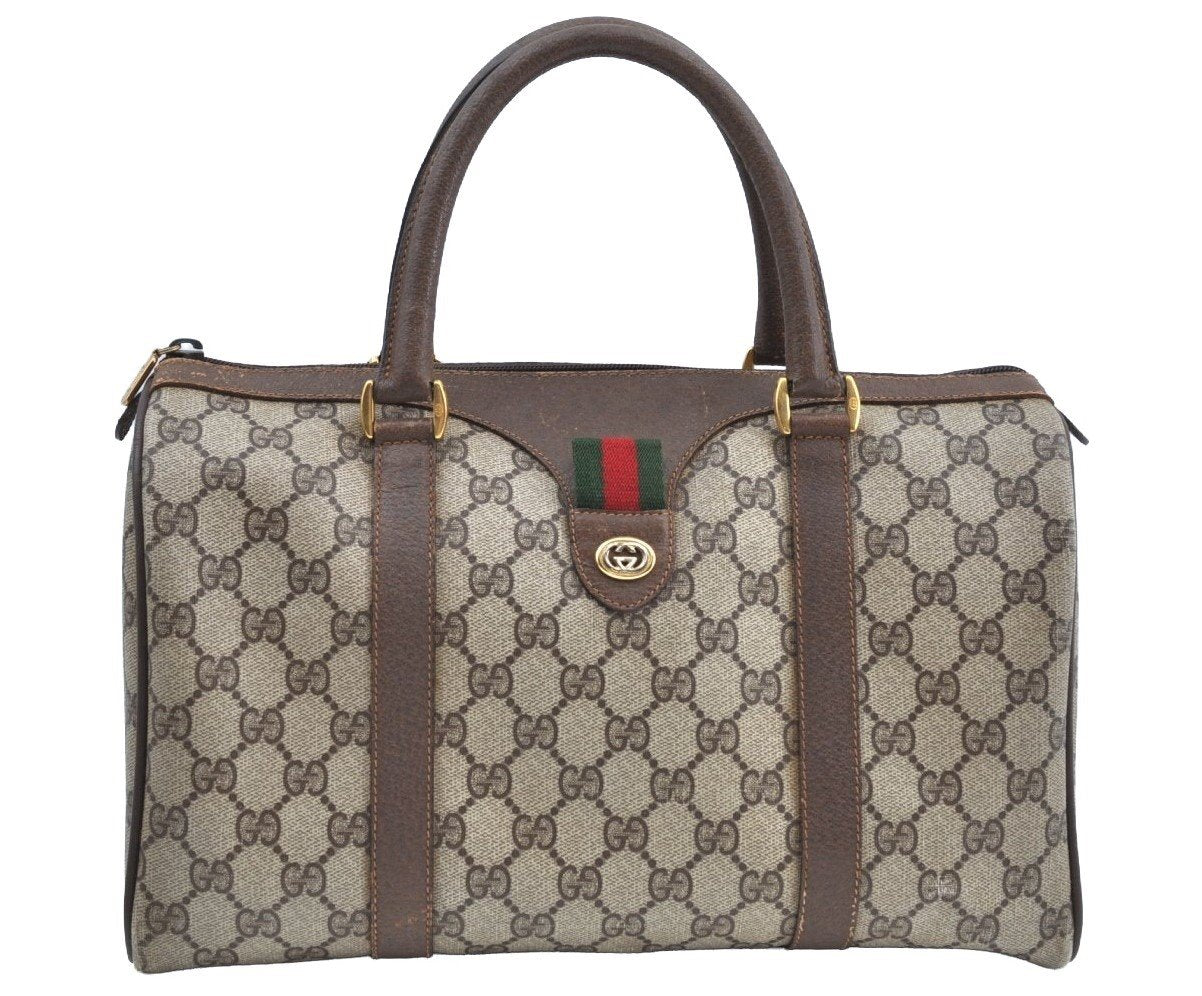 Authentic GUCCI Web Sherry Line Hand Boston Bag GG PVC Leather Brown 0720H