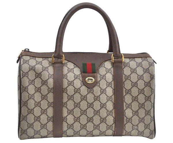Authentic GUCCI Web Sherry Line Hand Boston Bag GG PVC Leather Brown 0720H