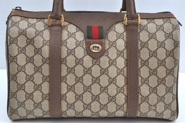 Authentic GUCCI Web Sherry Line Hand Boston Bag GG PVC Leather Brown 0720H
