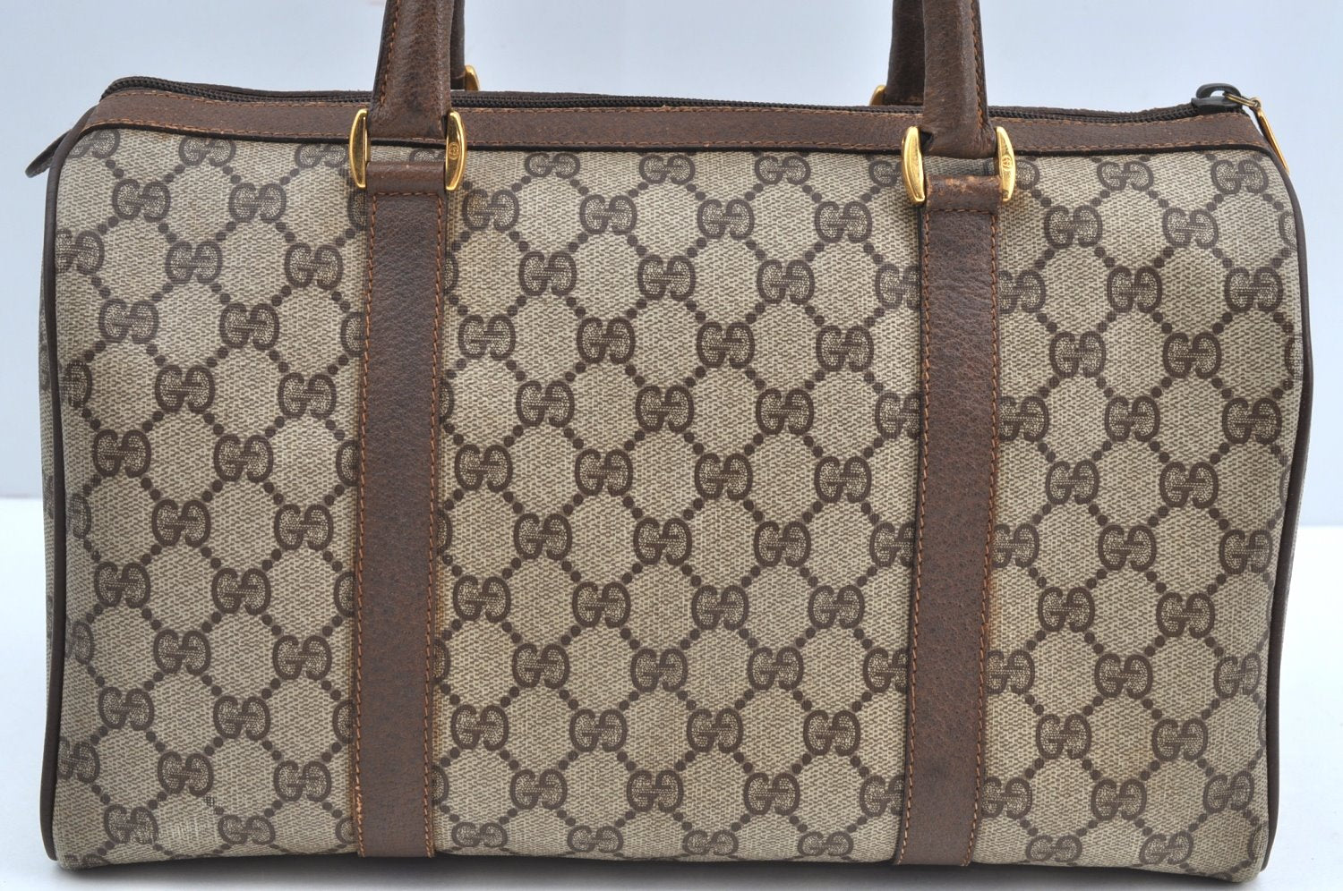 Authentic GUCCI Web Sherry Line Hand Boston Bag GG PVC Leather Brown 0720H