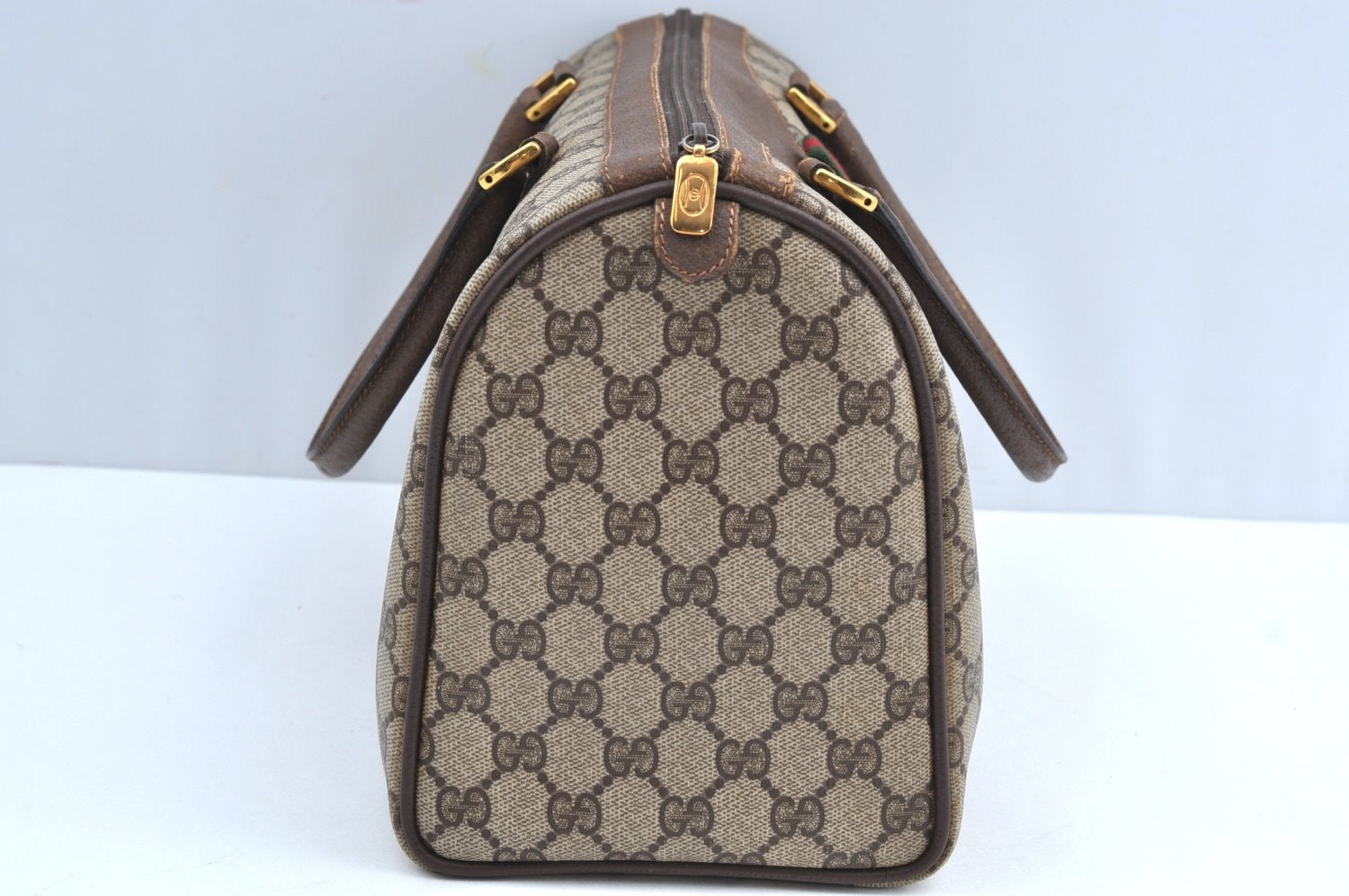 Authentic GUCCI Web Sherry Line Hand Boston Bag GG PVC Leather Brown 0720H