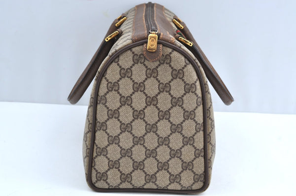 Authentic GUCCI Web Sherry Line Hand Boston Bag GG PVC Leather Brown 0720H