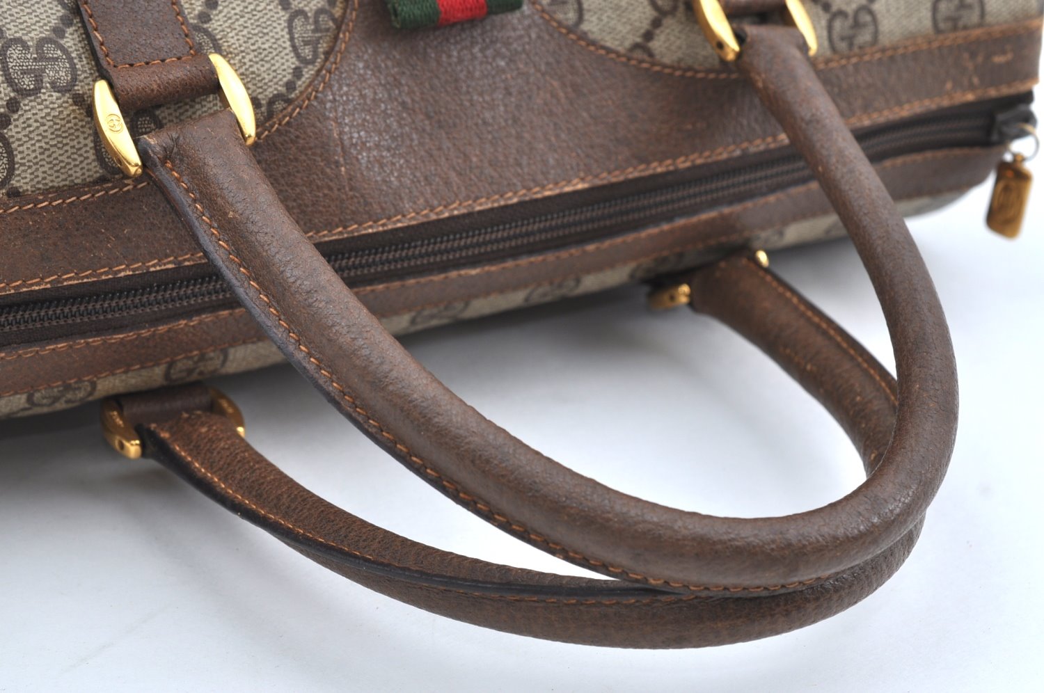 Authentic GUCCI Web Sherry Line Hand Boston Bag GG PVC Leather Brown 0720H
