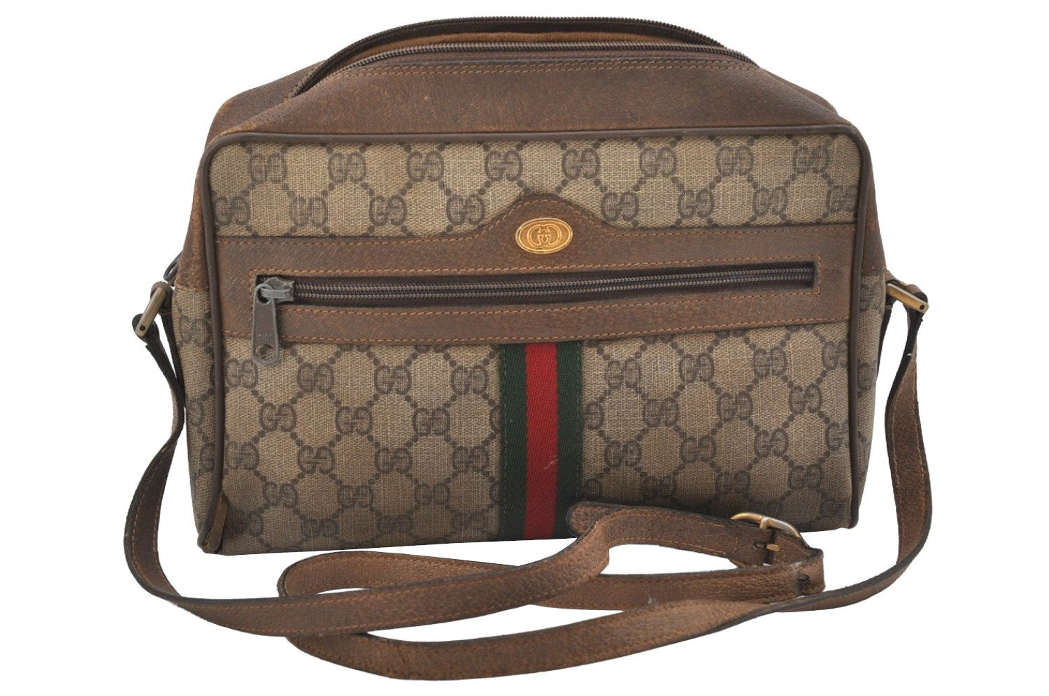 Authentic GUCCI Web Sherry Line Shoulder Bag GG PVC Leather Brown Junk 0727J