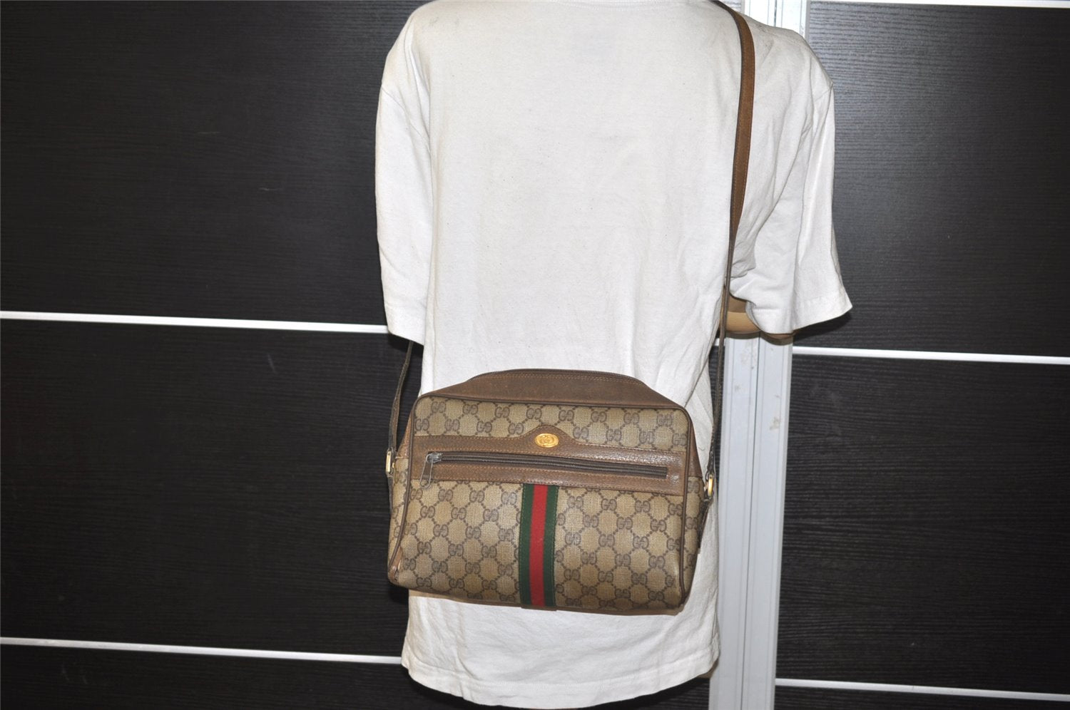 Authentic GUCCI Web Sherry Line Shoulder Bag GG PVC Leather Brown Junk 0727J