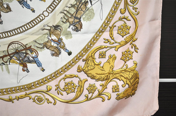 Authentic HERMES Carre 90 Scarf "LA PROMENADE DE LONGCHAMPS " Silk Pink 0727K