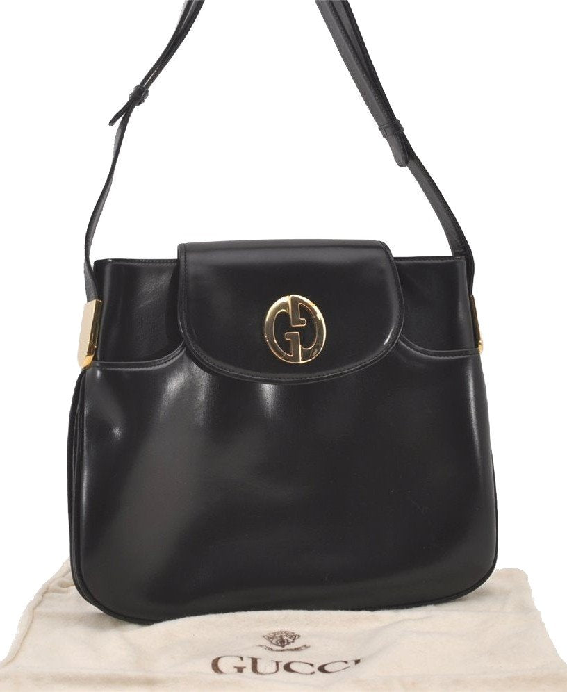 Authentic GUCCI Shoulder Hand Bag Purse Interlocking G Leather Black 0728J