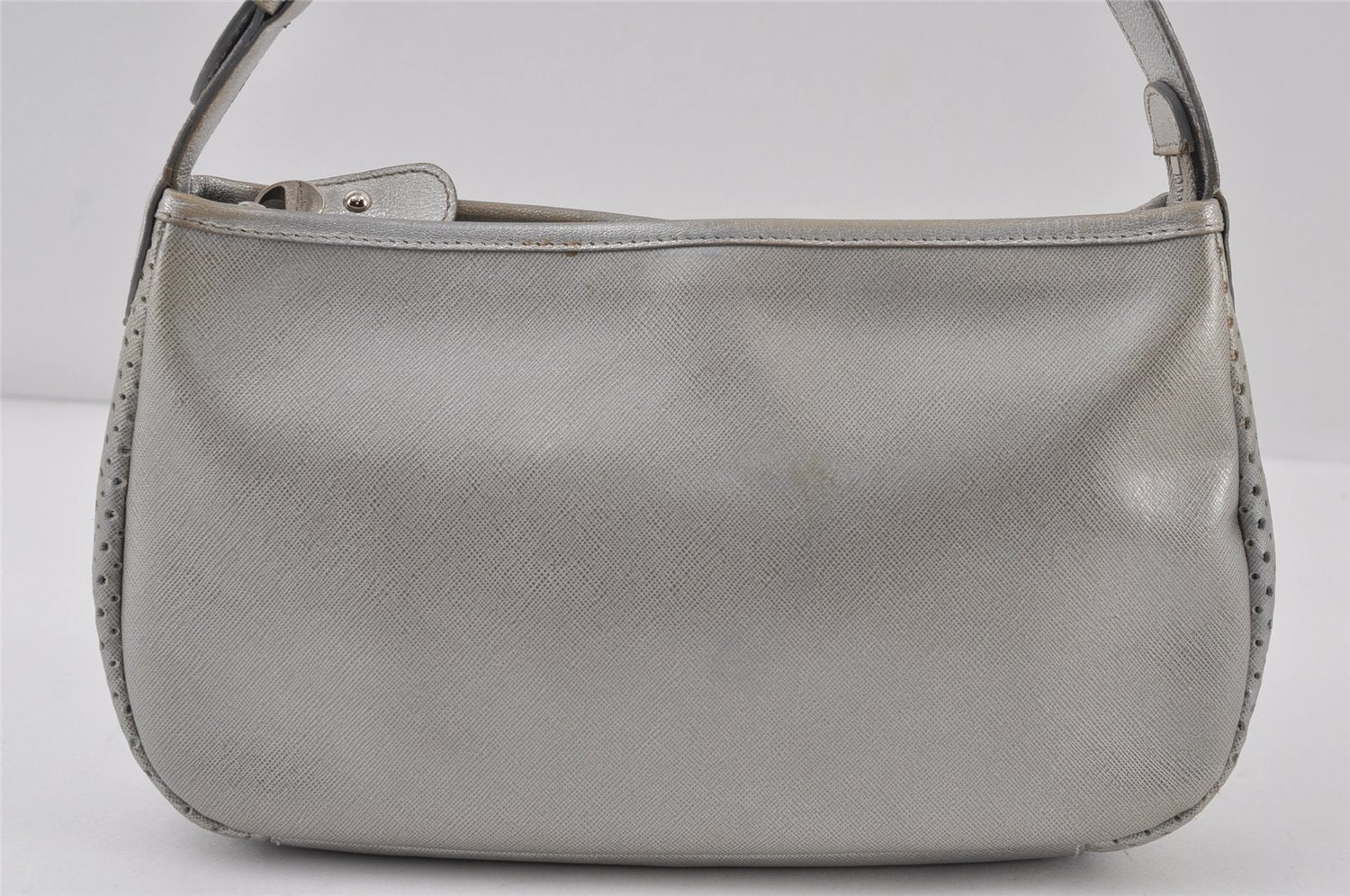 Authentic Salvatore Ferragamo Gancini Leather Shoulder Hand Bag Silver 0732J