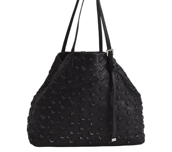 Authentic JIMMY CHOO Vintage Star Studs Leather Shoulder Tote Bag Black 0735K