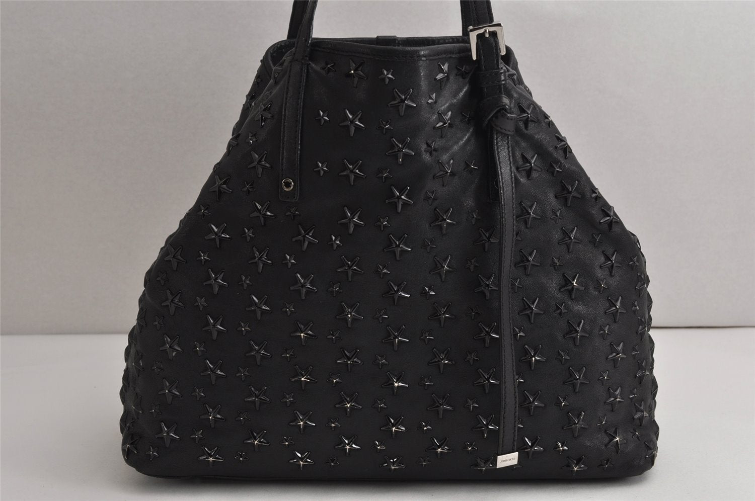 Authentic JIMMY CHOO Vintage Star Studs Leather Shoulder Tote Bag Black 0735K