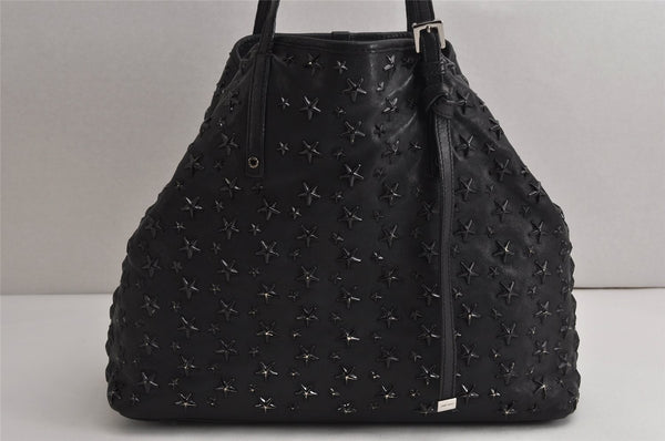 Authentic JIMMY CHOO Vintage Star Studs Leather Shoulder Tote Bag Black 0735K