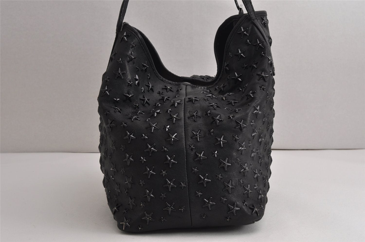 Authentic JIMMY CHOO Vintage Star Studs Leather Shoulder Tote Bag Black 0735K