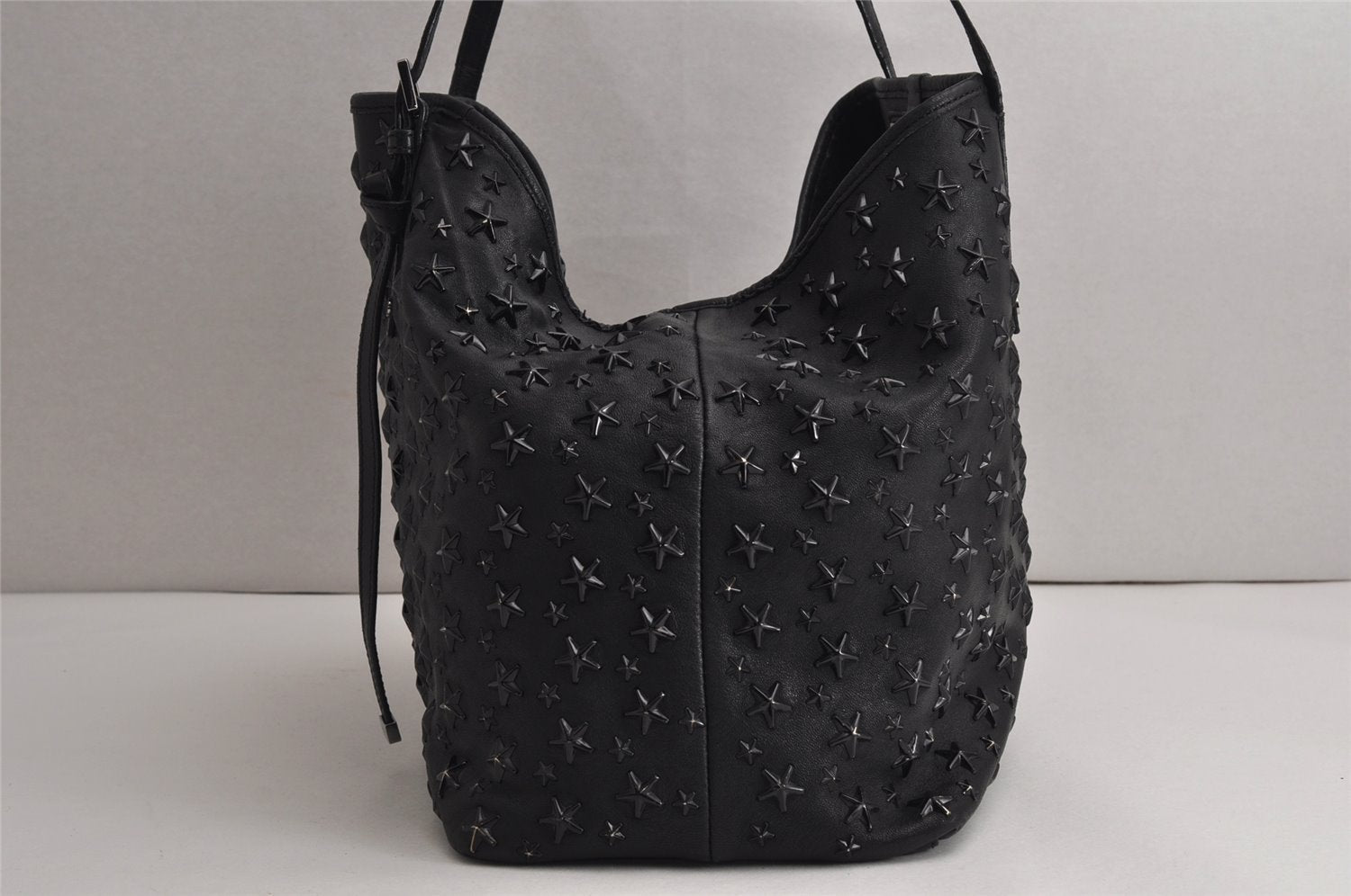 Authentic JIMMY CHOO Vintage Star Studs Leather Shoulder Tote Bag Black 0735K