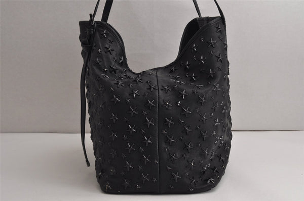 Authentic JIMMY CHOO Vintage Star Studs Leather Shoulder Tote Bag Black 0735K