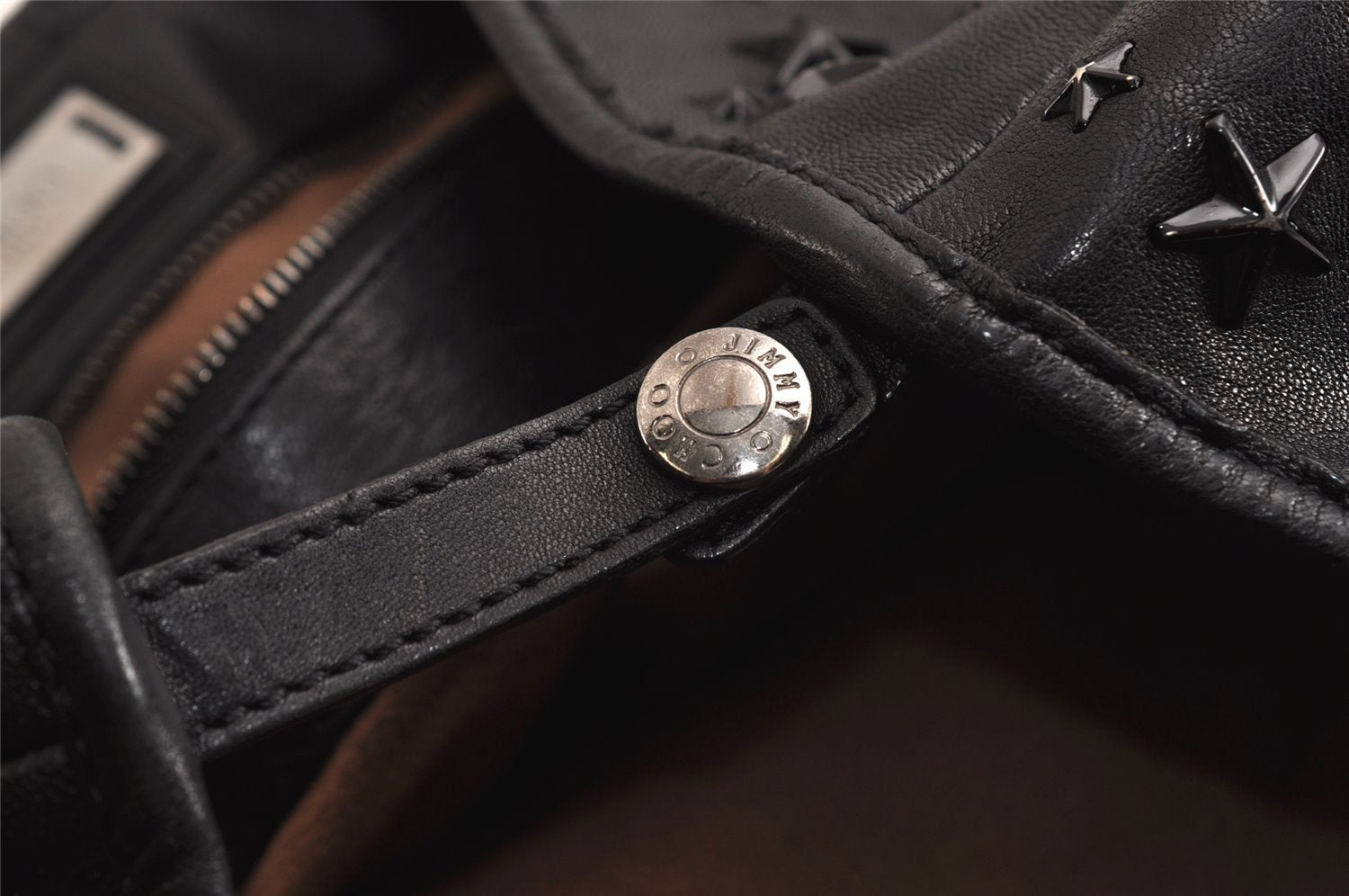 Authentic JIMMY CHOO Vintage Star Studs Leather Shoulder Tote Bag Black 0735K